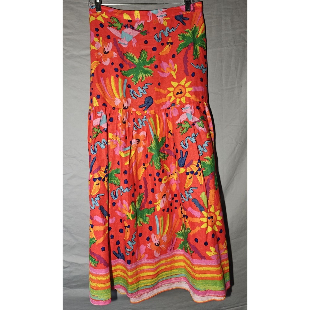 Maison d' Amelie  Multicolor Linen Blend Boho Peasant‎ Tiered Midi Skirt Small